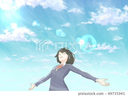深吸一口氣的女學生_在藍天下_有耀斑 99735941