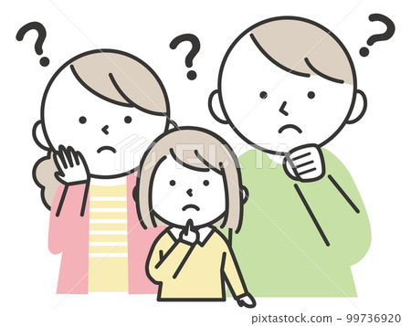 A girl and her parents with a troubled expression with a question mark on their head A girl and her parents with a troubled expression with a question mark on their head 99736920