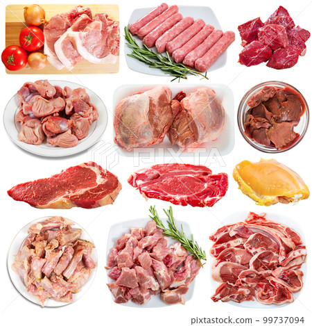 Assortment of various raw meat isolated on white background 99737094