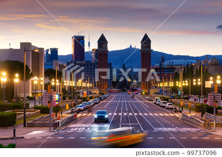 Avinguda de la Reina Maria Cristina in Barcelona at sunset, Spain 99737096