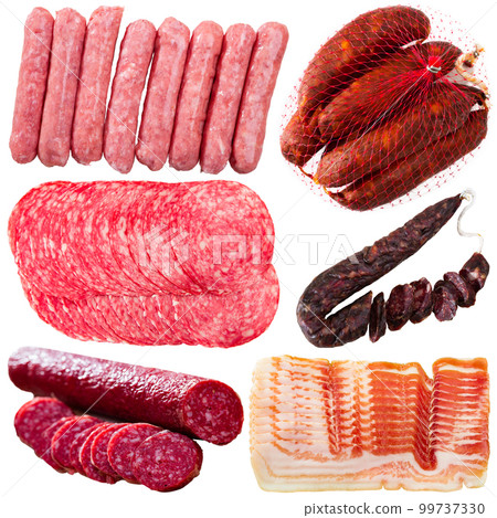 Collage of sausages and deli meats isolated on white Collage of sausages and deli meats isolated on white 99737330