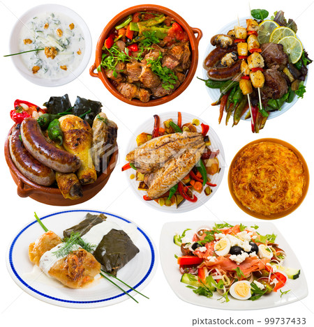 Tasty dishes of traditional Bulgarian cuisine at plates isolated 99737433