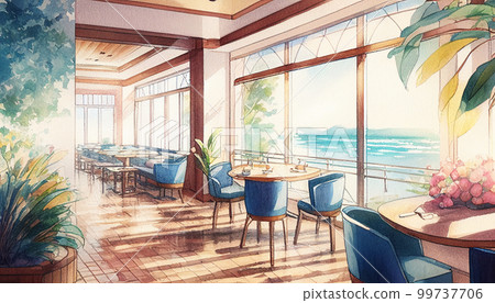 A restaurant in a tourist spot with a view of the sea Watercolor illustration Architectural perspective AI image 99737706