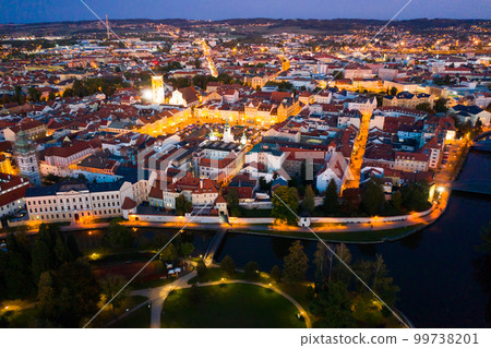 Aerial view of Ceske Budejovice at dusk, Czech Republic 99738201