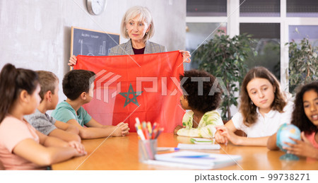 Mature female teacher tells the pupils the history of Marroko Mature female teacher tells the pupils the history of Marroko 99738271