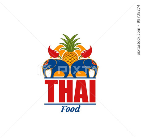 Thai cuisine food icon with vector asian elephant, spicy chili peppers, pineapple and sun. Thailand restaurant menu isolated sign of oriental cuisine traditional dishes and spicy thai meal 99738274