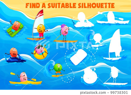 Find the correct shadow silhouette of cartoon vitamin and mineral characters on beach vacation. Kids vector game worksheet with Ca, Cu, Na and P, Se, Fe and K nutrient capsules water fun and activity 99738301