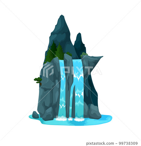 Cartoon waterfall, water cascade or mountain river streams with splashes and stone hill. Vector nature landscape of mountain river waterfall falling over rocks with pine and fir trees 99738309