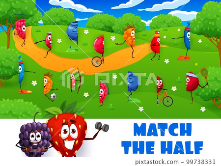 Match half of cartoon cheerful berry characters on summer meadow, vector quiz game. Strawberry, raspberry and blueberry with blackberry, picture match puzzle worksheet to find same correct half Match half of cartoon cheerful berry characters on summer meadow, vector quiz game. Strawberry, raspberry and blueberry with blackberry, picture match puzzle worksheet to find same correct half 99738331