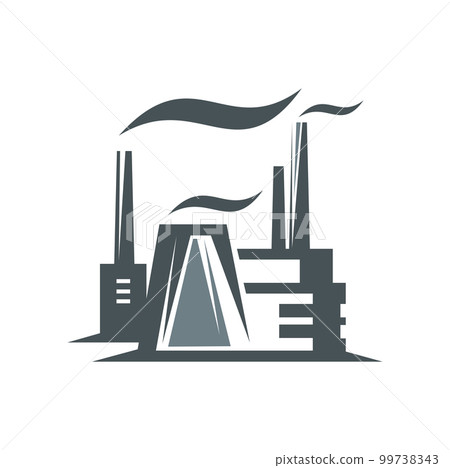 Factory icon, industrial plant of gas and oil refinery or technology manufacture, vector silhouette. Factory with chimney and smog, metallurgy industry plant or pipeline and refinery production icon 99738343