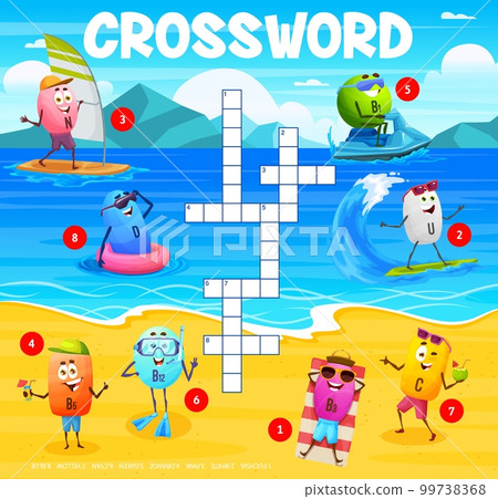 Crossword grid cartoon vitamin characters on summer vacation. Quiz game with funny vector food supplement N lipoic acid, B1 thiamine, D calciferol, U, C ascorbate calcium, B3, B12, B5 capsules by sea Crossword grid cartoon vitamin characters on summer vacation. Quiz game with funny vector food supplement N lipoic acid, B1 thiamine, D calciferol, U, C ascorbate calcium, B3, B12, B5 capsules by sea 99738368