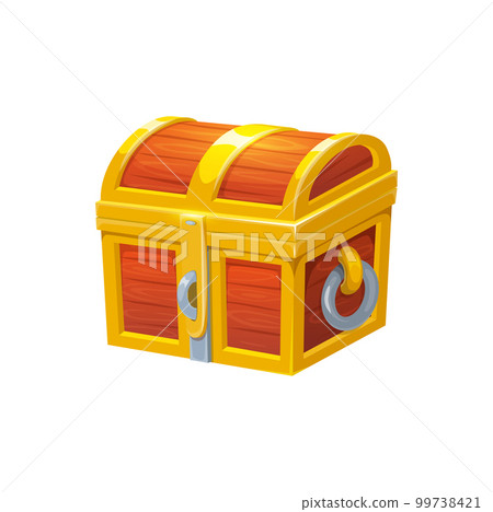 Wooden treasure chest, closed trunk box, cartoon vector ui game asset. Isolated ancient coffer with gold or pirate loot, bonus, prize, winner reward case with gem stones or golden coins, decorated box 99738421