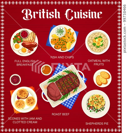 British cuisine food menu page. Fish and chips, coffee and shepherds pie, , oatmeal with fruits and roast beef, scones with jam and clotted cream, full English breakfast with eggs, bacon and salad 99738466