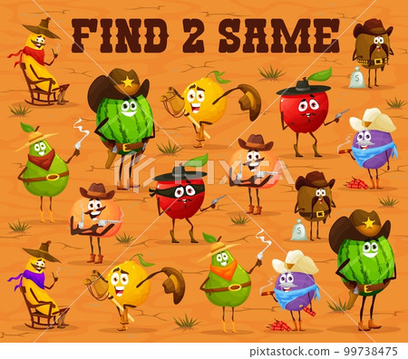 Find two same western cartoon fruit cowboy, ranger, sheriff and robber characters. Kids vector game, educational children riddle with watermelon, banana, pear or lemon. Mandarin, apple, kiwi or plum Find two same western cartoon fruit cowboy, ranger, sheriff and robber characters. Kids vector game, educational children riddle with watermelon, banana, pear or lemon. Mandarin, apple, kiwi or plum 99738475