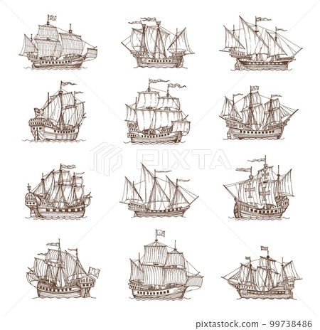 Sail ship, sailboat or brigantine sketch, vector pirate frigate icons. Marine sail ships in vintage sketch or pencil hatching, retro sailboats on sea or ocean waves with flags of Caribbean adventure 99738486