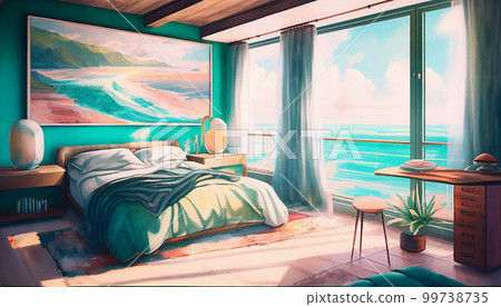 度假村酒店臥室海景水彩插畫建築透視AI圖像 99738735