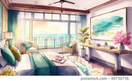度假村酒店臥室海景水彩插畫建築透視AI圖像 99738736
