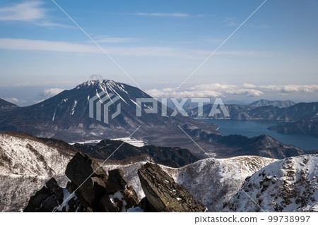 Lake Chuzenji on Mt. Nantai in Nikko from the summit of Mt. Shirane in winter 99738997