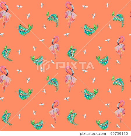 Tropical birds flamingo and palm leaves watercolor seamless pattern on coral background. Tropical birds flamingo and palm leaves watercolor seamless pattern on coral background. 99739150