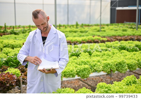 A determined Caucasian male biologist working in the hydroponic greenhouse. 99739433