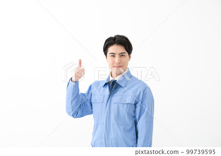 Men in work clothes, white background, thumbs up 99739595