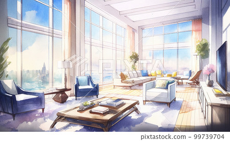 Penthouse living room watercolor illustration interior perspective AI image 99739704