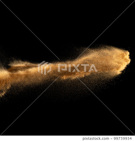 Sand explosion isolated on black background. Freeze motion of sandy dust splash.Sand texture concept. 99739934