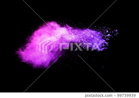 Purple color powder explosion cloud  on black background.Purple dust particles splash. 99739939