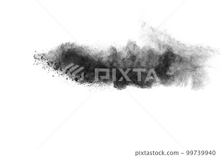 Black powder explosion on white background.Black dust particles splash. 99739940