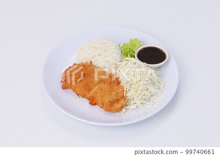 deep-fried pork with rice or pork katsu with rice and teriyaki sauce in a dish on white background. 99740661
