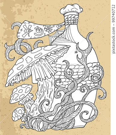 Black and white vector graphic illustration with mystic, esoteric and occult symbol of bottle with potion and mushroom against vintage textured background 99740712