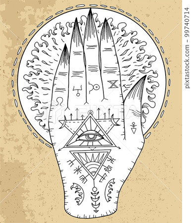 Black and white vector graphic illustration with mystic, esoteric and occult symbol of astral hand against vintage textured background 99740714