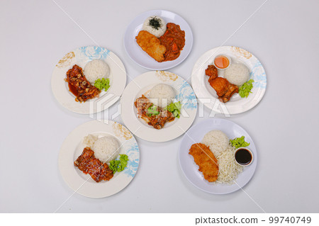 set of various plates of food, deep-fried chicken, and deep-fried pork isolated on white background, top view. set of various plates of food, deep-fried chicken, and deep-fried pork isolated on white background, top view. 99740749
