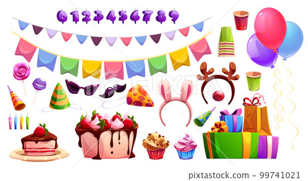 Kid birthday party design elements set on white 99741021