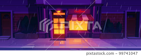 Bar on city street, rainy night cartoon background 99741047