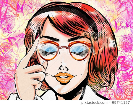 Illustration of a beautiful American secretary closing her eyes with her glasses on in a 60's American comic style Rose garden background 99741137