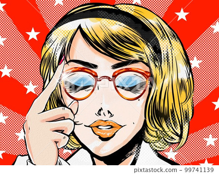 在 60 年代美國漫畫風格的玫瑰園背景中，一位美麗的美國秘書戴著眼鏡閉上眼睛的插圖 99741139