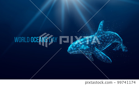 World oceans day. Wireframe glowing low poly Orca whale. Design on dark blue background. Abstract futuristic vector illustration 99741174