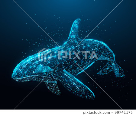 Killer whale. Wireframe glowing low poly Orca whale. Design on dark blue background. Abstract futuristic vector illustration 99741175
