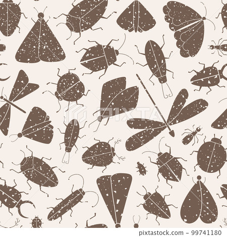 Grunge vector seamless pattern with vintage insects silhouette. Moth, butterfly, dragonfly, ant, ladybug. 99741180