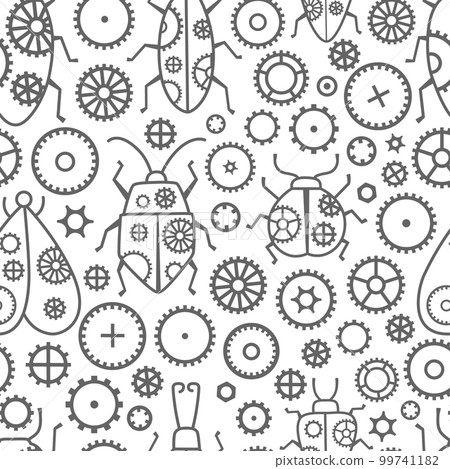 Steampunk vintage metal isolated frames vector seamless pattern. Grunge insects, cogs, black elements, wheels and gears. 99741182