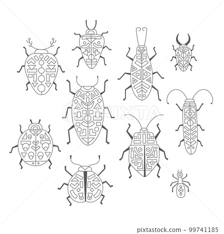 Vector coloring book page. Bug, cockroach, ant, ladybug illustrations. Line art design, geometric elements for adult or kids colouring book. 99741185