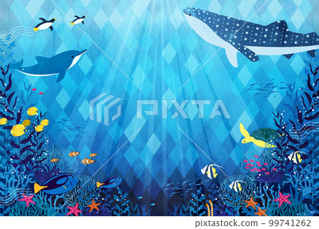 Vector illustration background of a summer greeting card with underwater fish, dolphins, and whale sharks 99741262