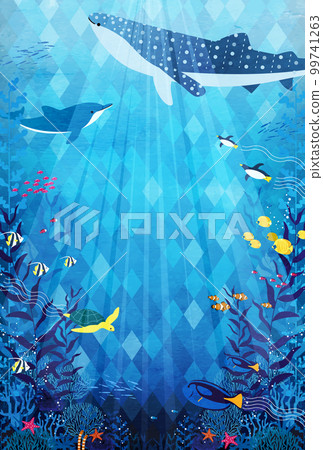 Vector illustration background of a summer greeting card with underwater fish, dolphins, and whale sharks 99741263