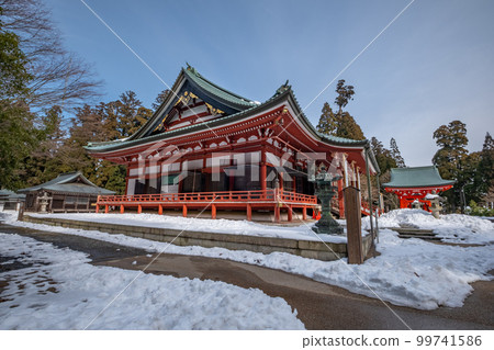 Enryakuji Temple East Pagoda on Mt. Hiei with remaining snow Enryakuji Temple East Pagoda on Mt. Hiei with remaining snow 99741586