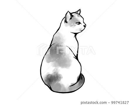 Illustration material of a calico cat turning around from behind (monochrome) 99741827