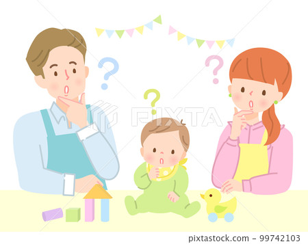 一個表情困擾的嬰兒和爸爸媽媽的插圖素材 99742103