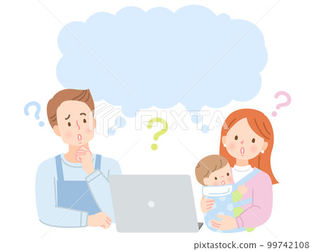 Mom holding a baby and dad with a troubled expression Mom holding a baby and dad with a troubled expression 99742108