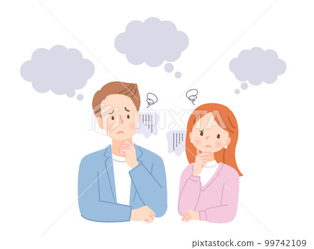 Thinking, illustration material of a young man and woman with a troubled expression 99742109