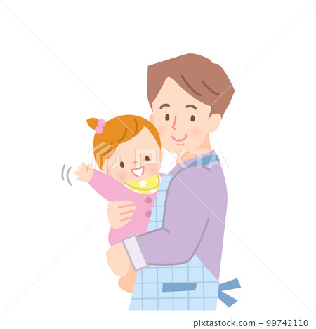 A man in an apron holding a waving baby 99742110
